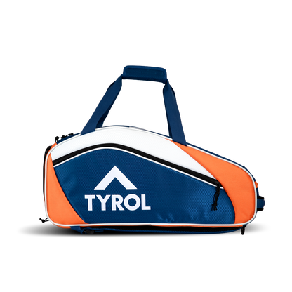 A back-pack style pickleball bag with orange, white, and blue colors, featuring the TYROL brand logo.