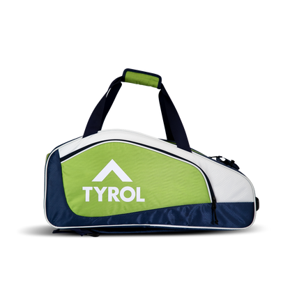 A green, white, and navy pickleball tournament bag with the brand name TYROL on it.
